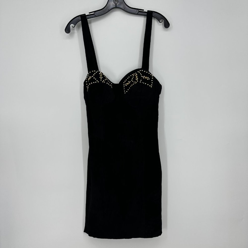 Vintage 80s Venus Attitudes Leather Mini Dress S Studded Bodycon Sheath Black